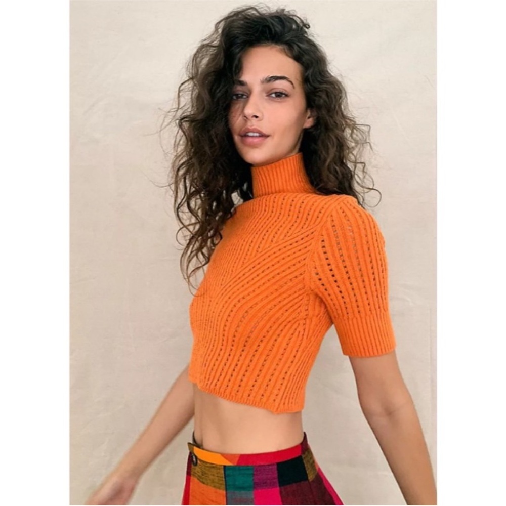 Intimately Free People Carly Swit Top Orange Knit Pointelle Blouse Size XS